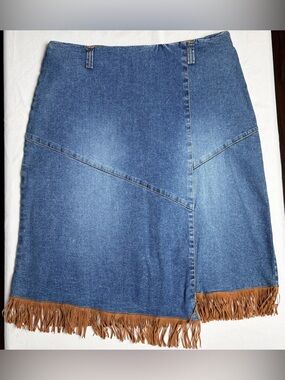 Me and You Long Denim Skirt- Faux Leather Fringe